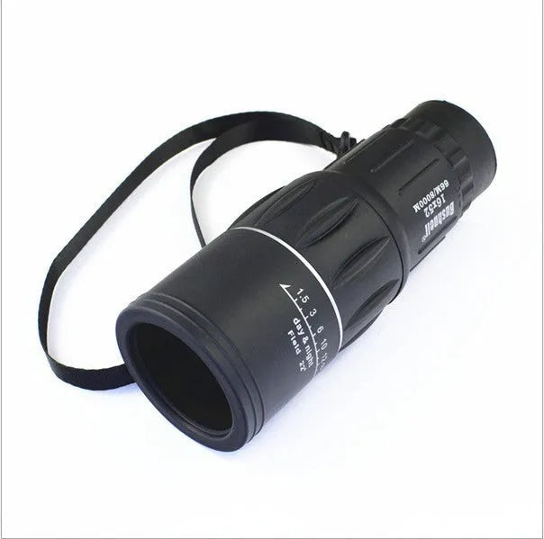Black 16x52 high-power monocular with roof prism design and green lens coating.