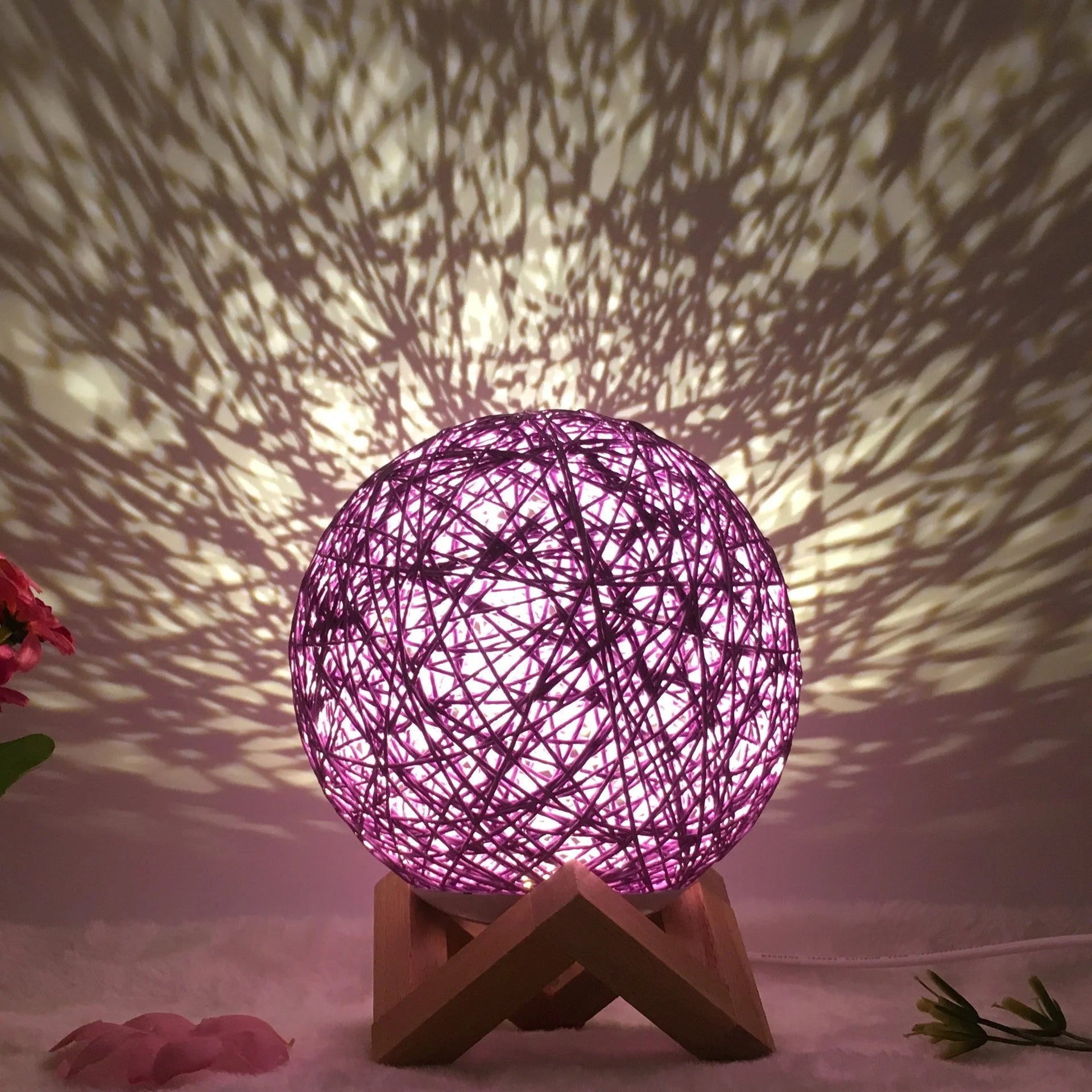 LED rattan table lamp with hand-knit linen shade in various colours