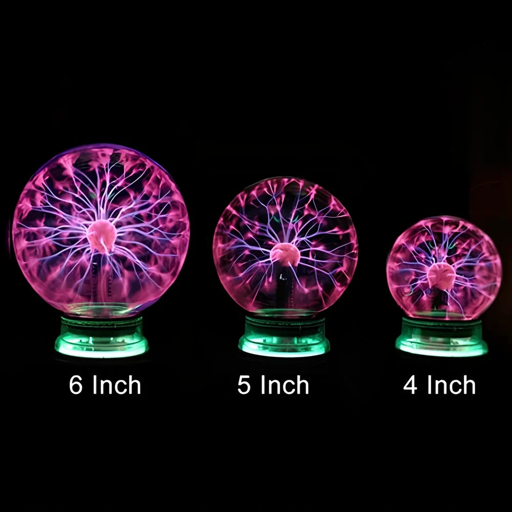 Plasma lightning ball with electrostatic induction showing colourful electrical discharges on glass surface