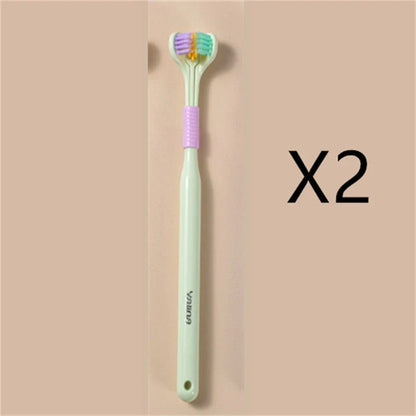 A soft bristle toothbrush with a unique triple-sided brush head for deep cleaning and customizable bristle firmness.