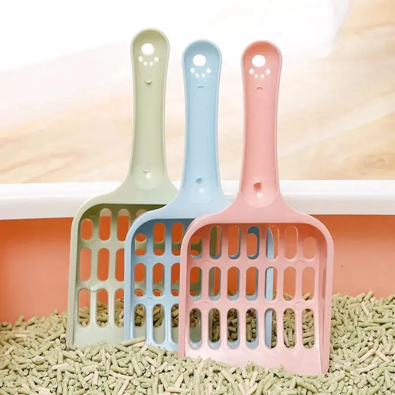 Plastic cat litter scoop in blue on a white background, showing handle and perforated scoop area.