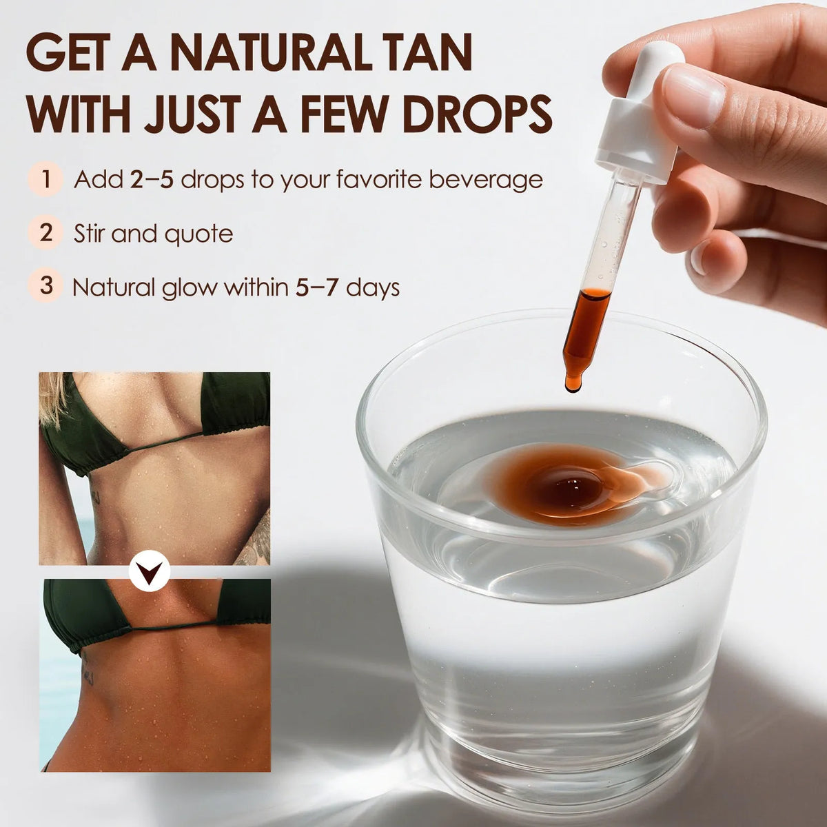 60ml bottle of tanning drops with dropper applicator for gradual bronze tan application