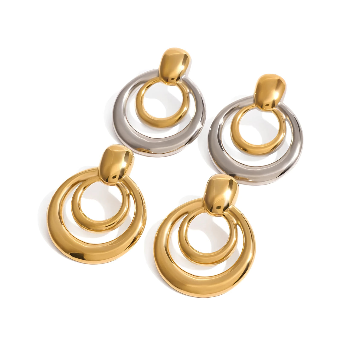 Round double layer hollow stud earrings with 18K gold electroplating on titanium steel, 12mm diameter