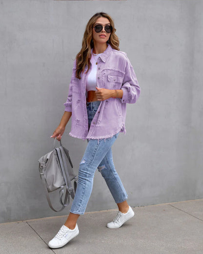 Stylish ripped denim jacket for trendy women in a variety of vibrant colors