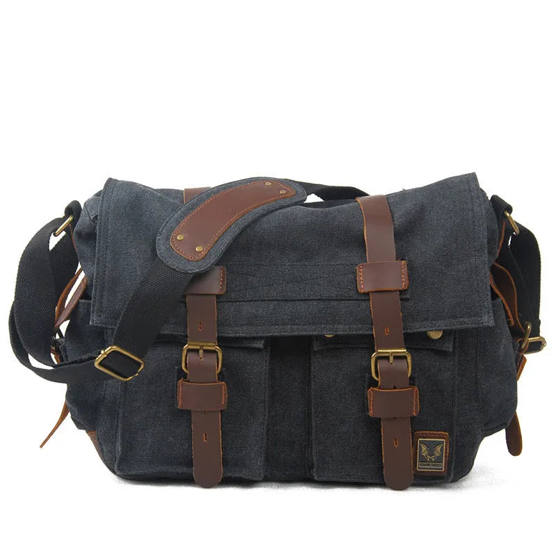 Men's canvas crossbody shoulder bag with cowhide accents and flap closure in retro postman style