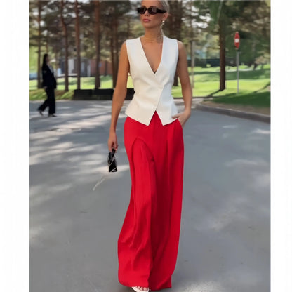 Women's beige polyester two-piece set with deep V-neck sleeveless top and wide-leg trousers