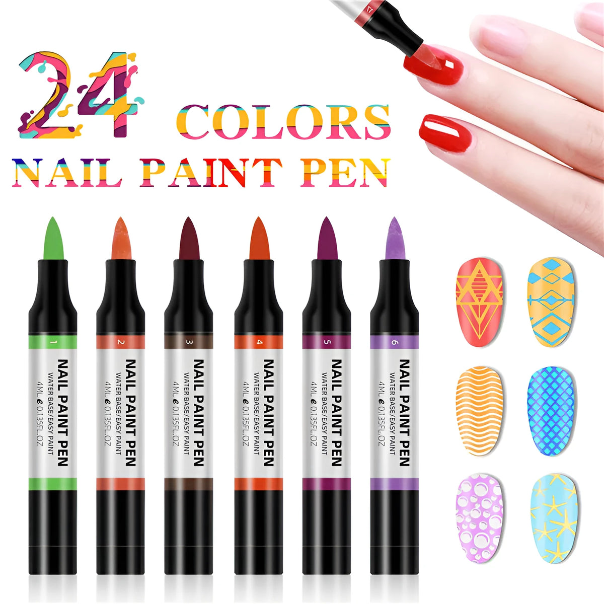24 colour water-based nail polish painting pens for 3D nail art and flower designs