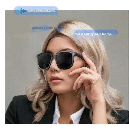 Black AI smart glasses with Bluetooth audio, touch controls on temple, and UV-protective lenses.