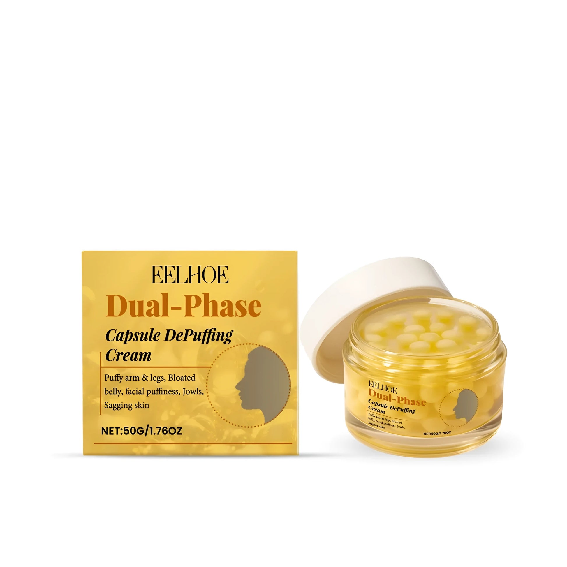 Dual-phase capsule depuffing cream in 50g container with firming cream and yellow meatball components