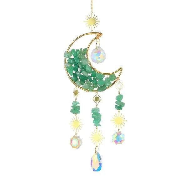 Moon-shaped K9 crystal car pendant with 420mm metal chain and 100mm diameter reflective centre in blue, green, pink, purple, or white