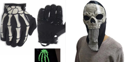 Skull luminous full finger riding gloves in black or khaki, ice silk polyester, touch screen and non-slip, sizes S-XXL