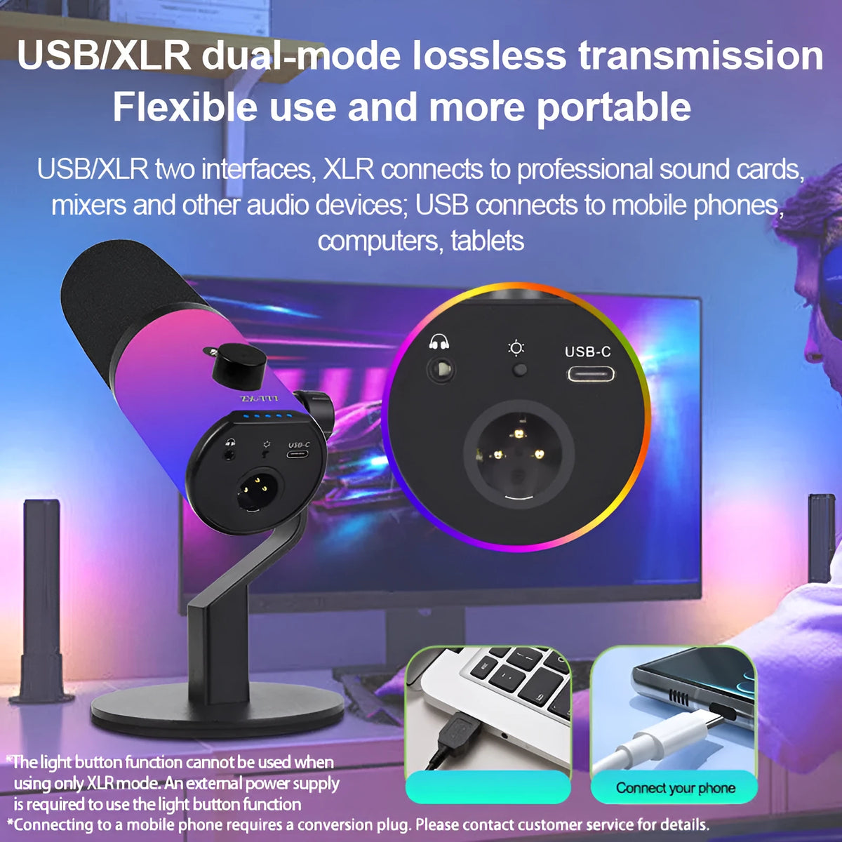 ZX777 moving coil microphone with USB and XLR connection, noise reduction, and ZX-777RGB bracket
