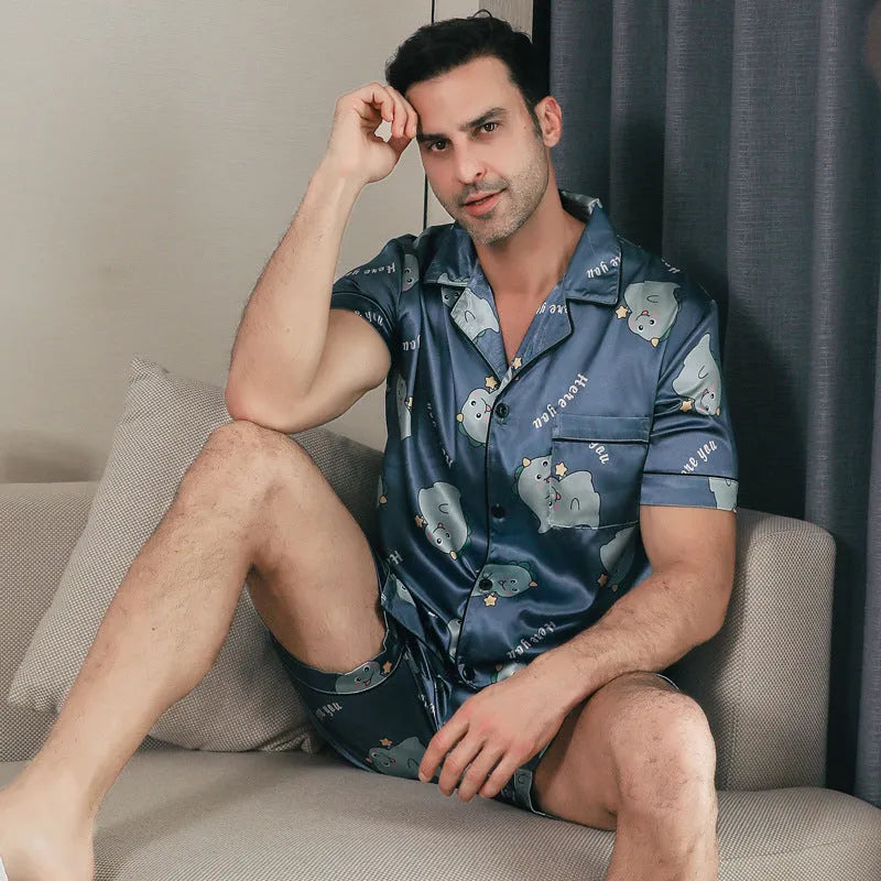 Men's ice silk short sleeve pajama set in cardigan style with top and pants