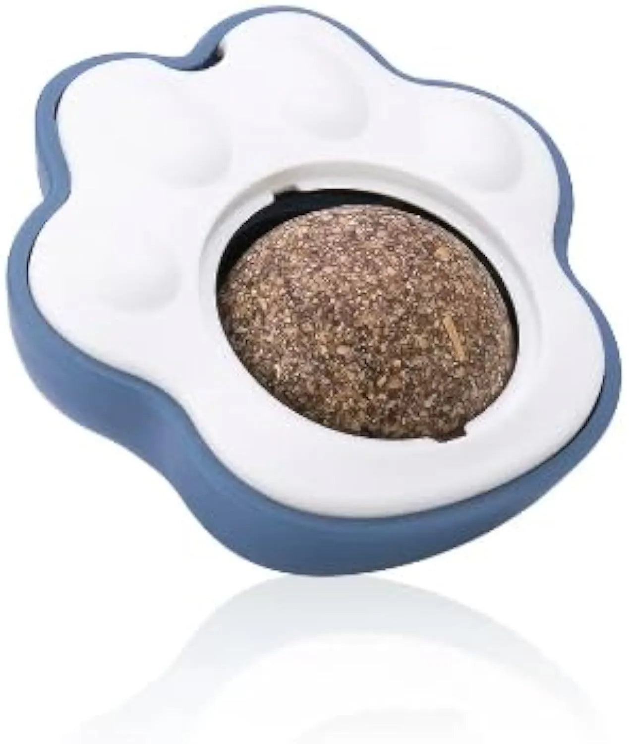 Blue catnip ball toy with textured surface for cats to lick and chew, shown next to a tape measure displaying its 45mm length.