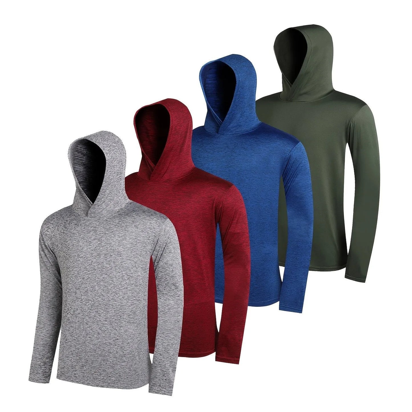 Four coordinated men's hoodies in lightweight elastic polyester fabric showing hooded and non-hooded style options