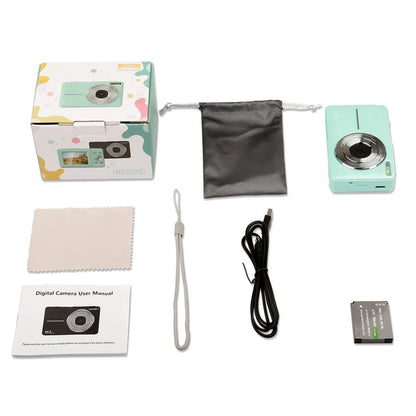 Colourful children's mini digital camera with large screen, showing black, pink and green options with lanyard.