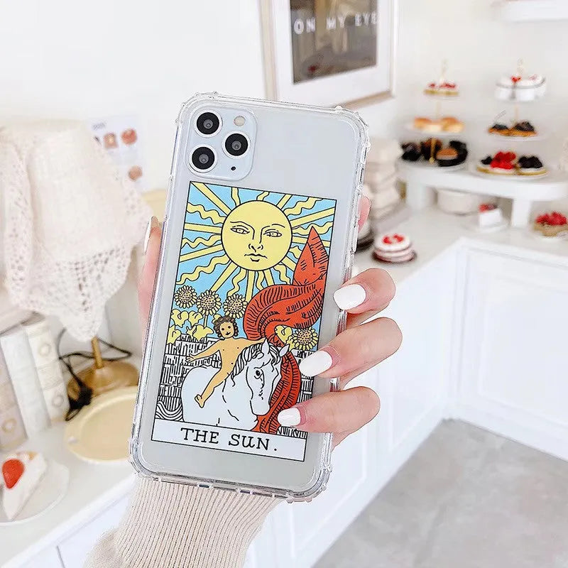 Silicone TPU smartphone case featuring creative mythology comic cartoon design with graffiti-style sun or moon artwork for iPhone 11, 12, X, 8, 7, 6 and SE models
