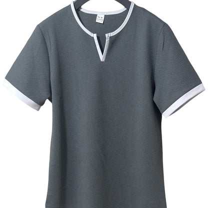V-neck colour-block waffle texture outdoor sports T-shirt in polyester fabric on a neutral background.