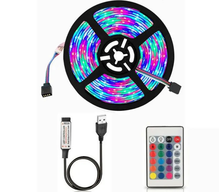 USB-powered flexible LED light strip, 1 metre long, with 50cm USB cable, showing multiple colour options including white and blue.