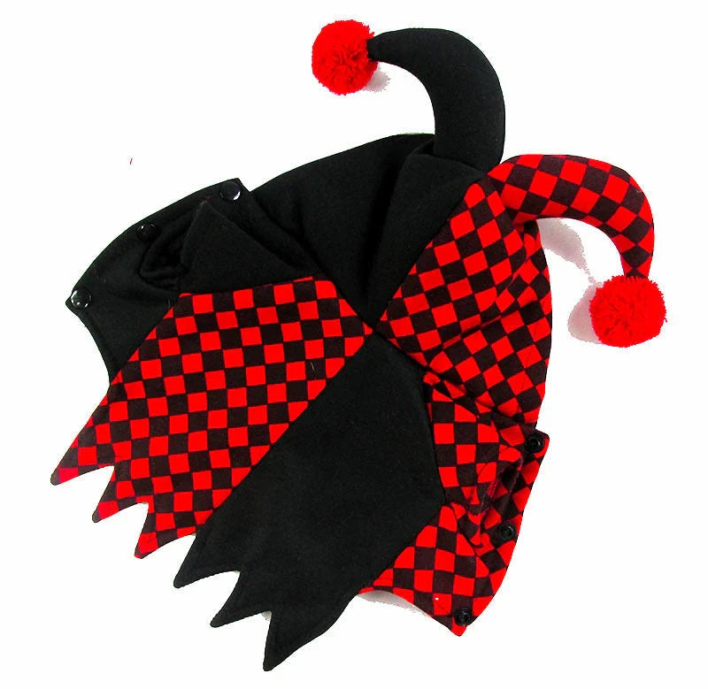 A pet wearing a clown costume with a jaunty hat, made of high-quality polyester for comfort and durability.