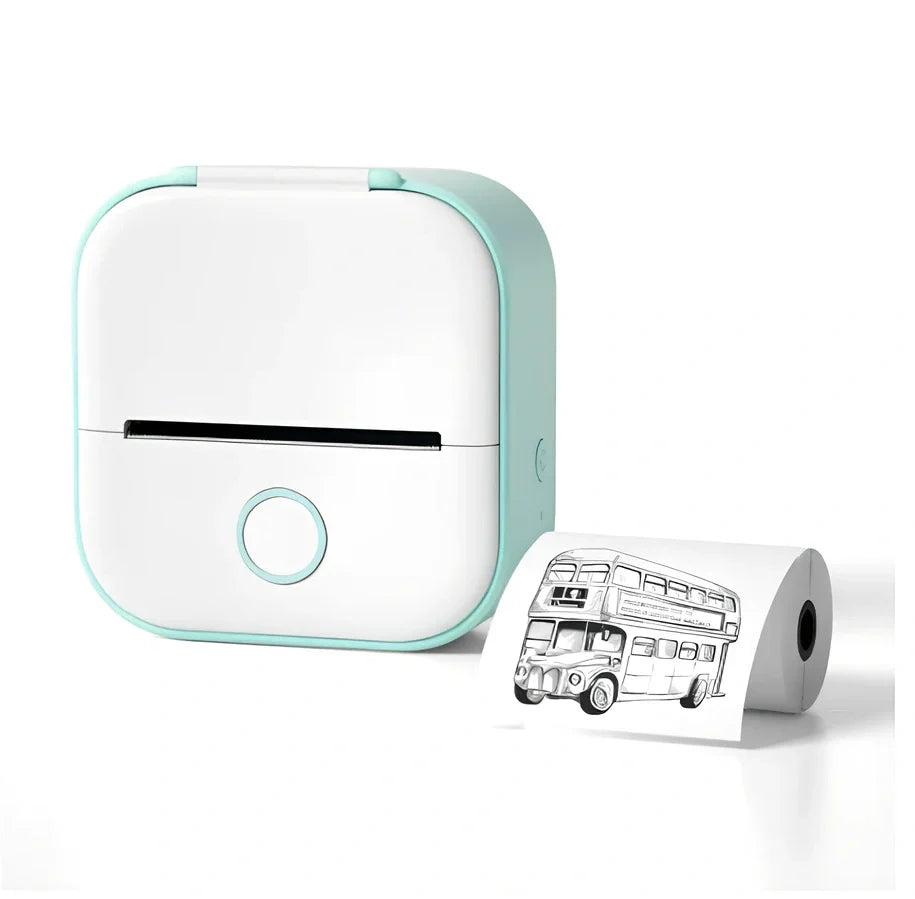 White mini pocket Bluetooth thermal label printer, 87x90x40mm size, with sample paper roll and USB charging