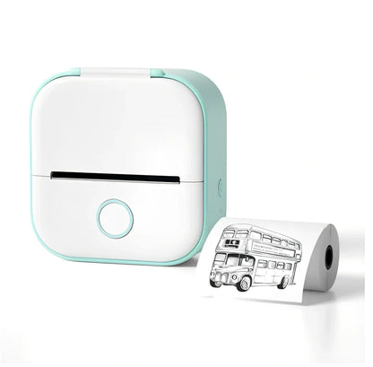 White mini pocket Bluetooth thermal label printer, 87x90x40mm size, with sample paper roll and USB charging