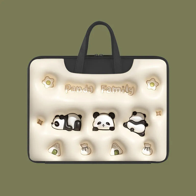 Inflatable laptop bag in PU leather with suitcase attachment strap and cute panda design print