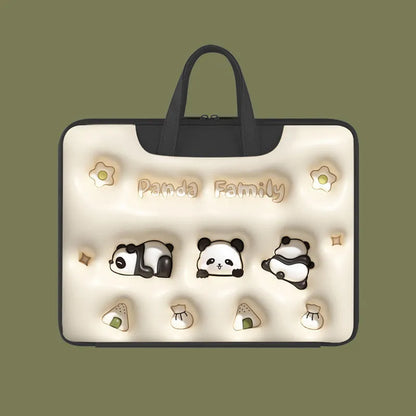 Inflatable laptop bag in PU leather with suitcase attachment strap and cute panda design print