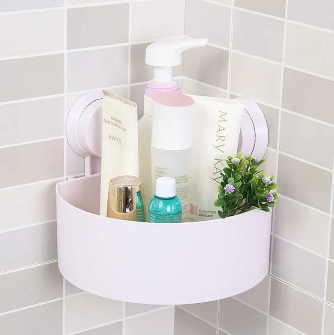 Bathroom corner shelf in blue, green, rose or white, triangle shape, double suckers, drainage holes, 7.5 x 14.5 x 14.5 cm