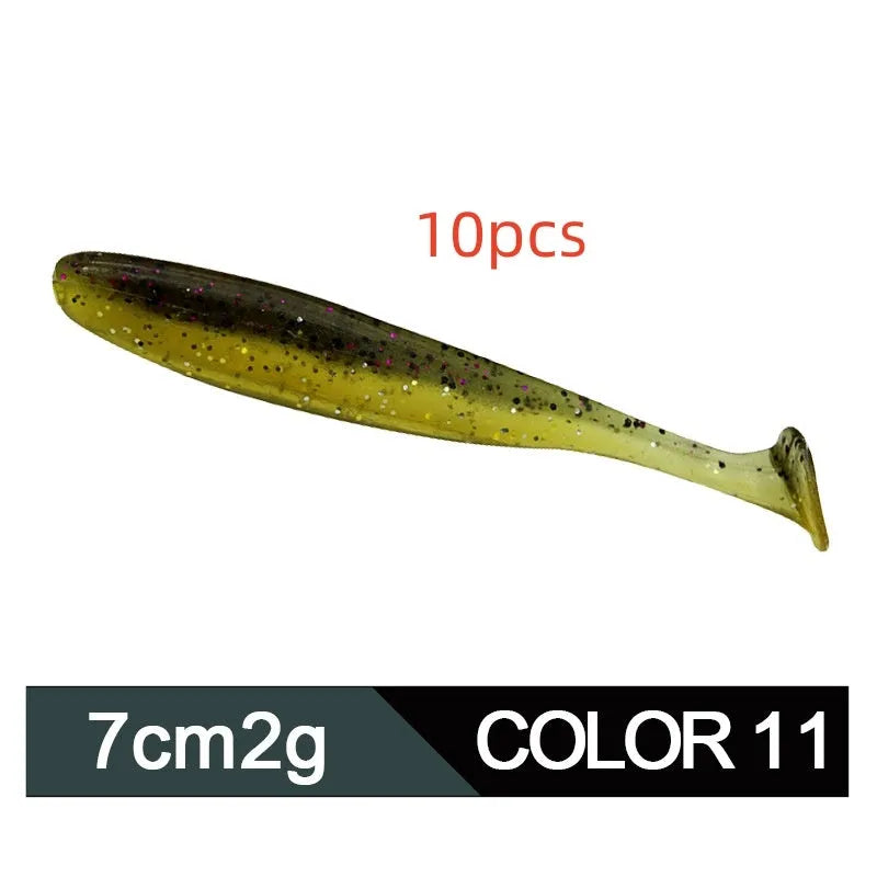 Soft plastic worm lure with a two-tone T tail, shown in one of its 14 colour options.