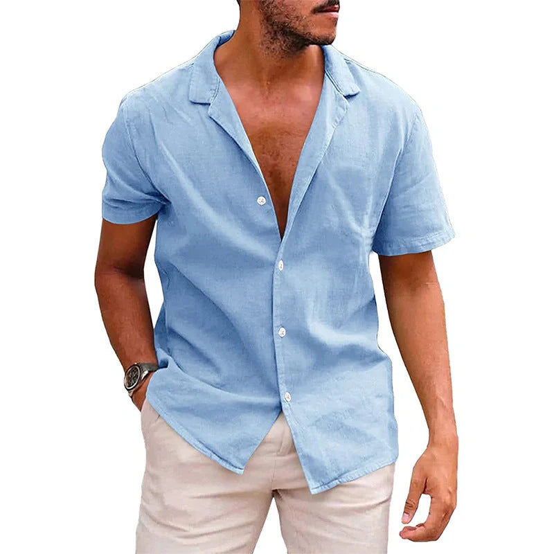 Men's linen-cotton blend short sleeve button down shirt in various colours