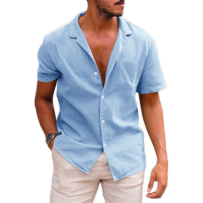 Men's linen-cotton blend short sleeve button down shirt in various colours