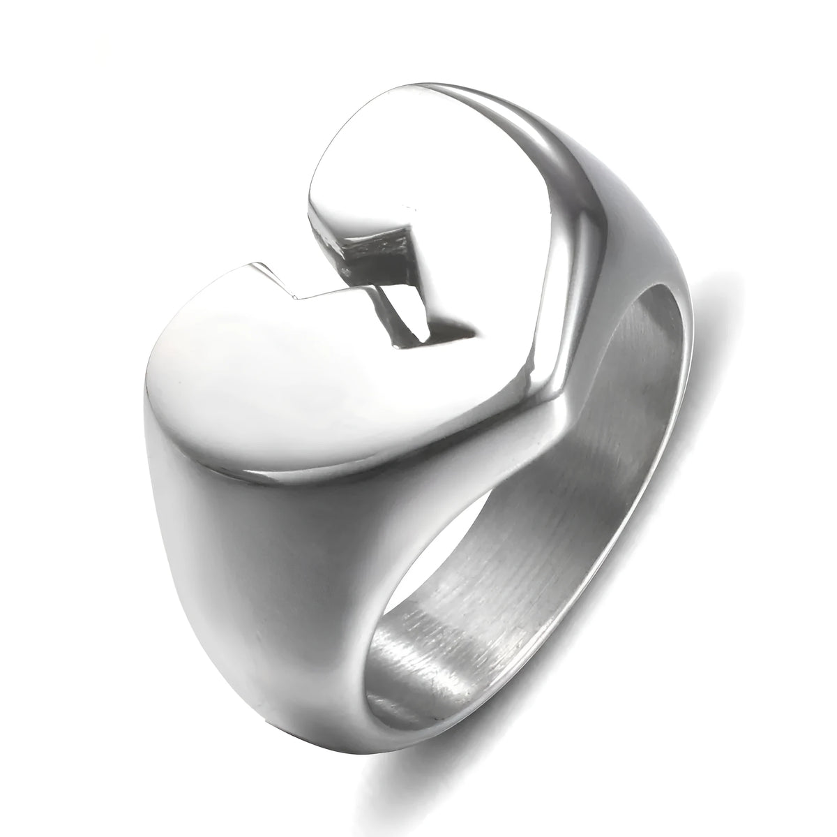 Heart-shaped titanium steel ring, polished band, steel or gold colour, sizes 5 to 10
