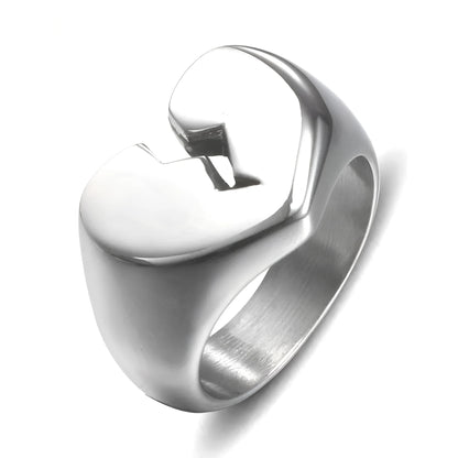 Heart-shaped titanium steel ring, polished band, steel or gold colour, sizes 5 to 10