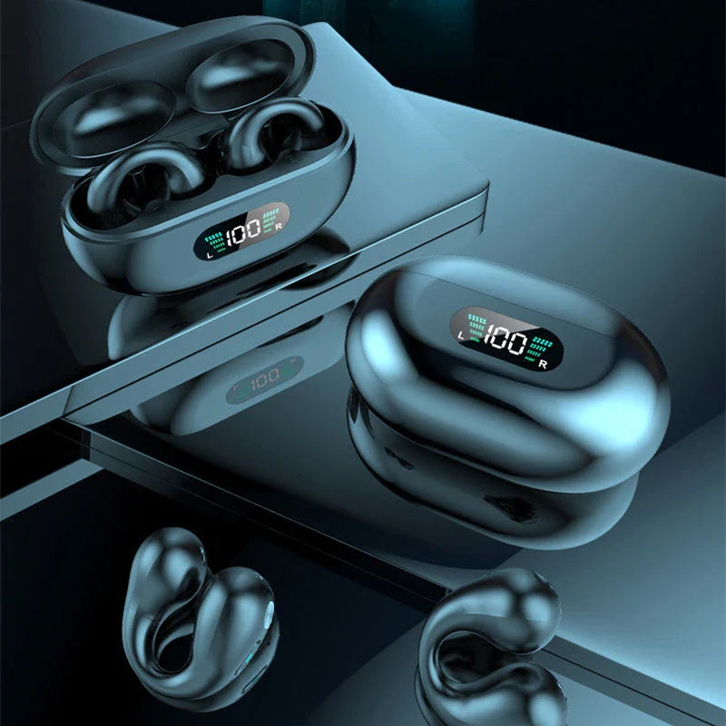 Bone conduction Bluetooth earphones with powerful bass, comfortable ear clip design, and long-lasting battery life