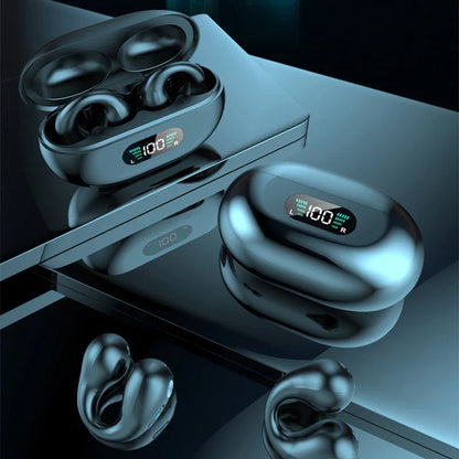 Bone conduction Bluetooth earphones with powerful bass, comfortable ear clip design, and long-lasting battery life