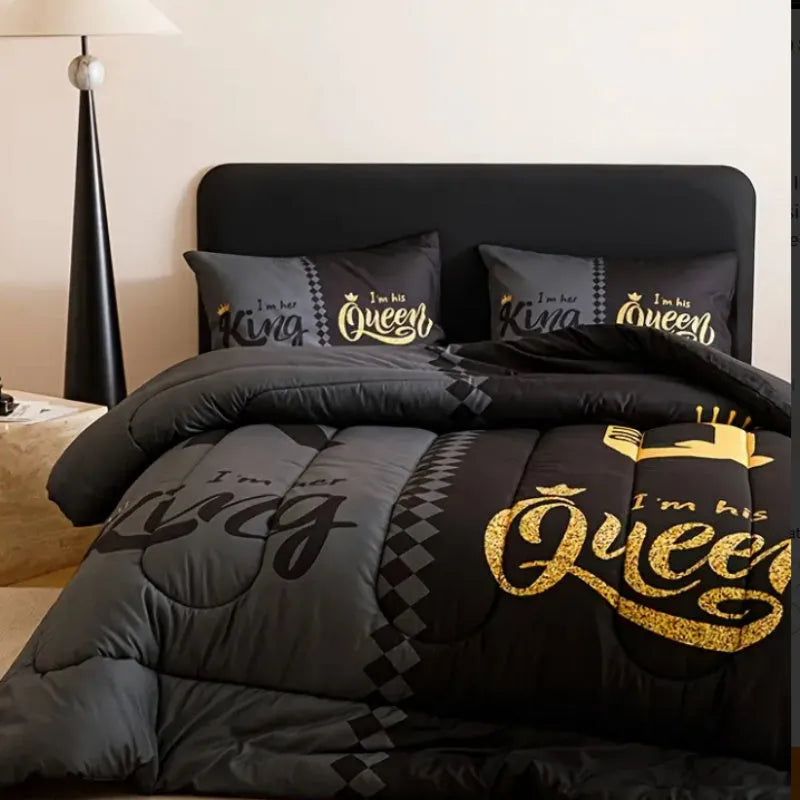Three Piece Crown English Digital Printed Quilt Cover Set, US Full 203x229cm, Light Grey Modern Simple Style, Polyester Cotton Fabric with Sanded Weave, Reactive Dye Print
