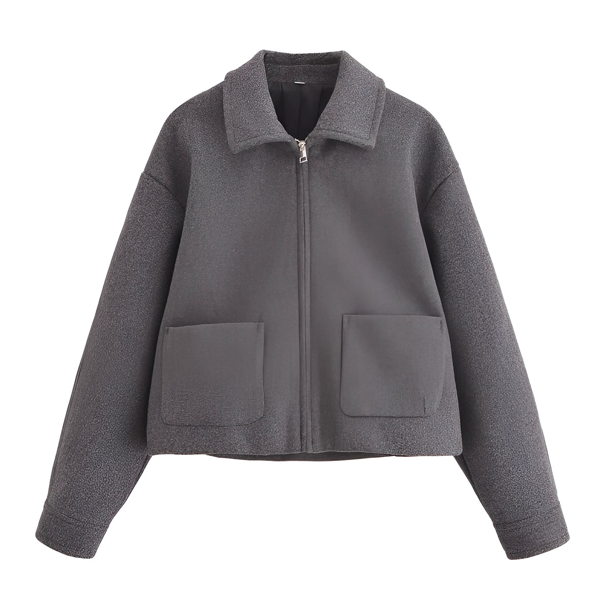 Grey PU women's short jacket with shirt collar, zip front and patchwork splicing, 50cm length