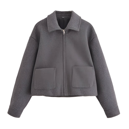 Grey PU women's short jacket with shirt collar, zip front and patchwork splicing, 50cm length