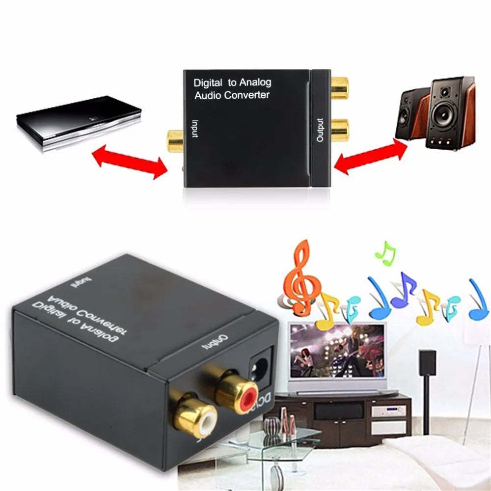 Black digital to analogue audio converter with Toslink and RCA inputs, RCA outputs, 5V power port.