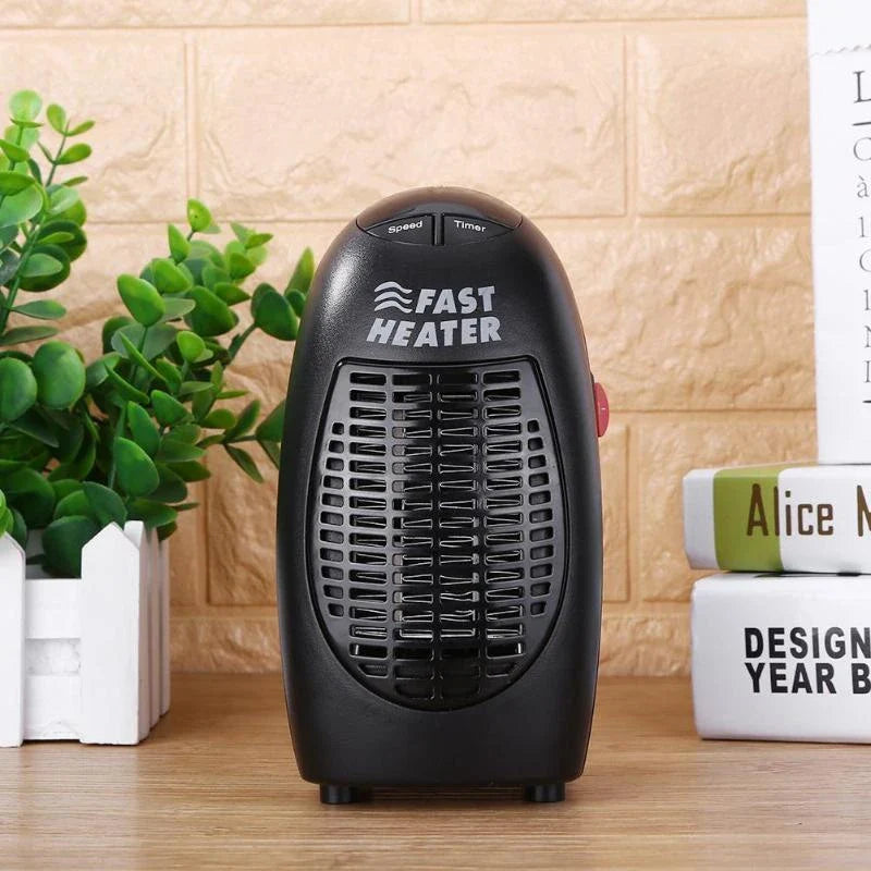 Compact electric space heater with stay-cool plastic housing, digital thermostat, and 180-degree rotating plug