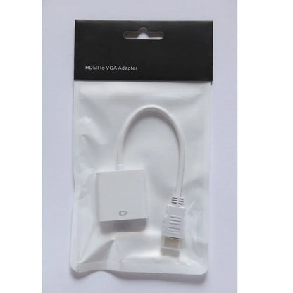 Black HDMI to VGA converter cable showing HDMI male connector and VGA female port