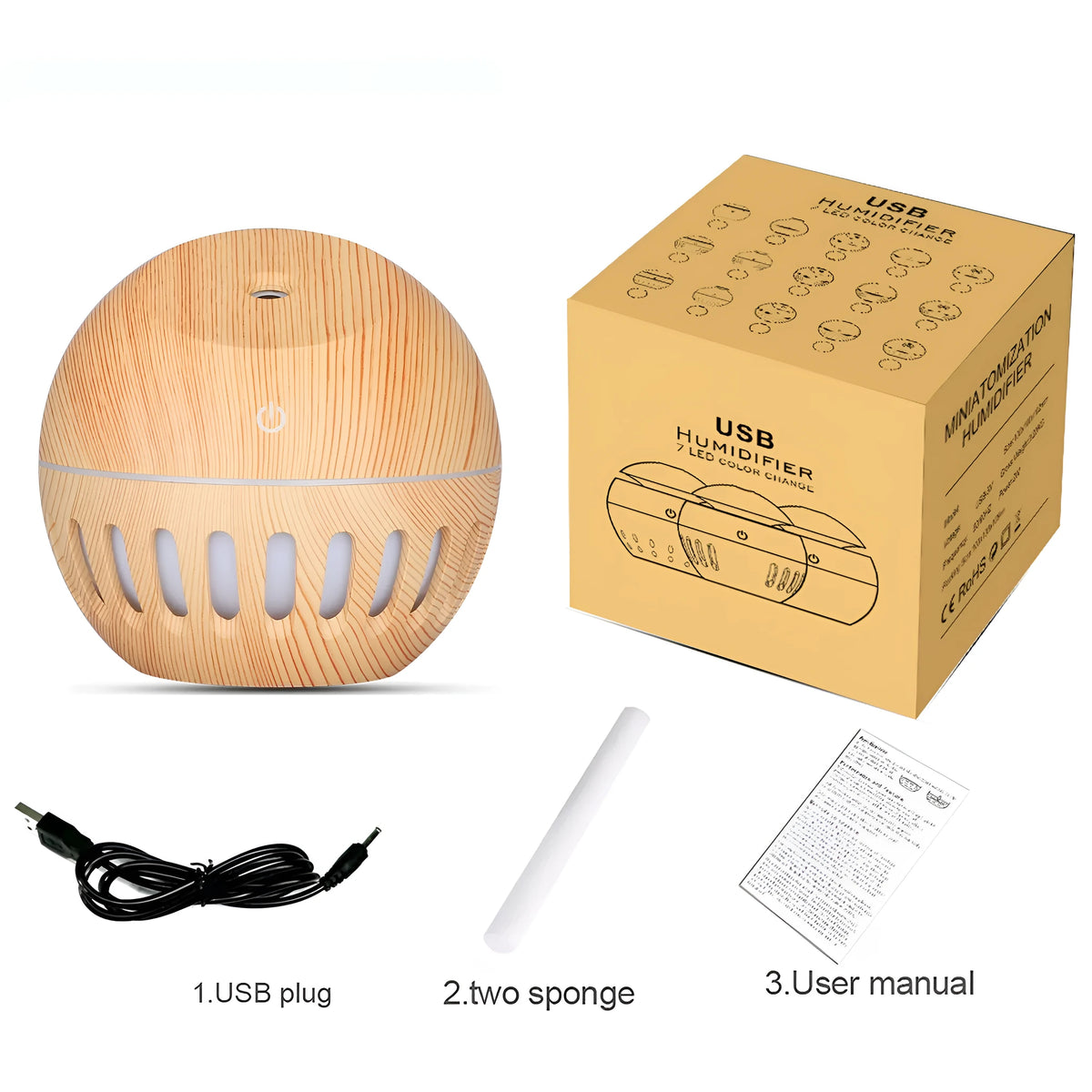 Portable USB humidifier in dark wood, light wood or white with 1 litre water tank and single fog outlet.