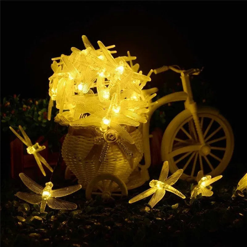 Outdoor solar LED string light 5 metre 20 LED dragonfly solar panel strip light IP65 waterproof garden Christmas party decoration with 8 lighting modes and automatic light control