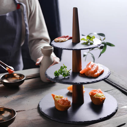 Hand-painted wooden multi-layer cake plate with Japanese-Korean styling for dessert presentation