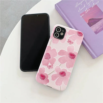 Pink soft rubber flower phone case for iPhone with lanyard hole