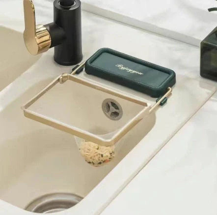 Kitchen Sink Filter Rack with removable suction cups and fine mesh for efficient cleaning