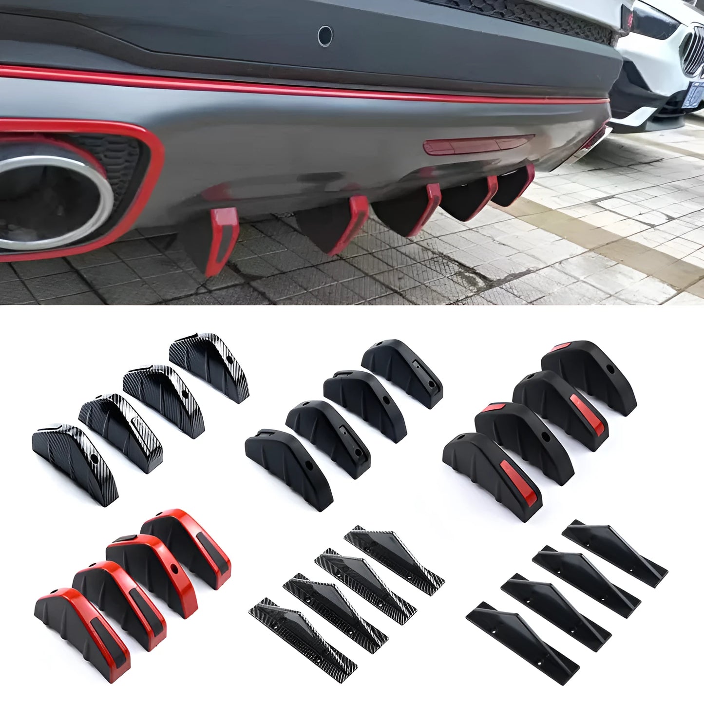 Black triangular car rear spoiler made of ABS plastic, 15cm wide, with mounting screws and adhesive.