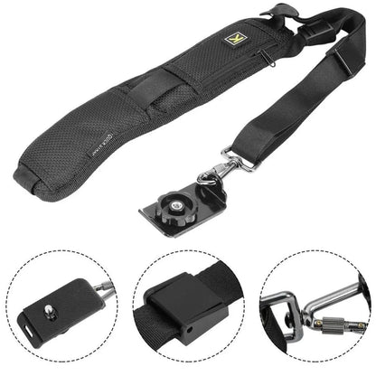Black nylon single shoulder sling strap for DSLR camera with quick-adjust buckle and wide shoulder pad.