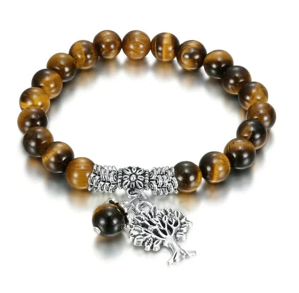 Elegant Tree of Life bracelet with genuine tiger's eye stone and ancient silver plating